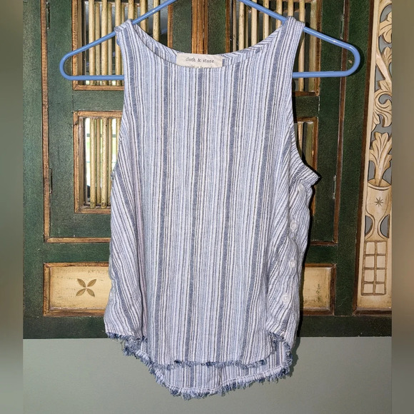CLOTH & STONE XS Blue+White Striped Tank Top Linen Blend Buttons Raw Hem - Picture 1 of 7